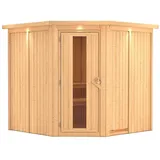 Karibu Sauna Jarin mit Eckeinstieg 68 mm-Ohne Ofen-inkl. Dachkranz- Energiesparende Saunatür