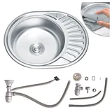 MuCoLa 57cm Edelstahlspüle Links Ablage Spülbecken Küchenspüle Rundbecken Einbauspüle