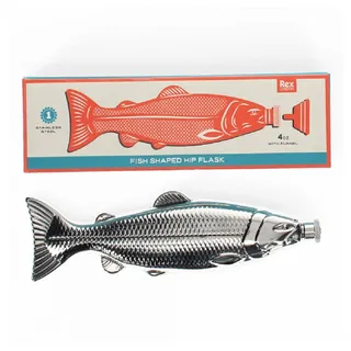 Rex London Flachmann Fisch-Form aus Edelstahl im Retrostil in Geschenkbox inkl. Trichter zum Befüllen Taschenflasche