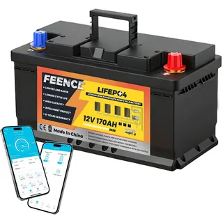 FEENCE LiFePO4 170Ah Bluetooth, Lithium batterie 12V 170ah mit BMS Low Temperature Schutz und Max. 15000 Zyklens,2176Wh Autobatterie für Wohnmobil,Boot,Solarpanel