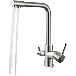 KLARWERK Felix | 4-Wege Niederdruck Trinkwasser Armatur Silber gebürstet | 4 Anschlüsse Filter Edelstahl Wasserhahn Boiler | Osmose Mischbatterie NSF geprüft