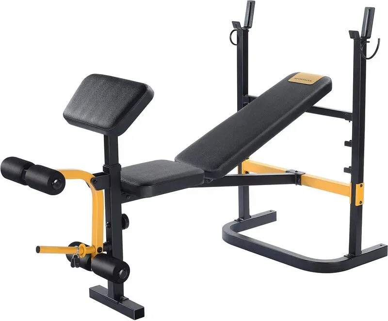 SPORTSOUL Hantelbank mit Regal, verstellbare Hantelbank mit Beinbeuger und klappbarer Aufbewahrung, passend für 6' und 7' Hantelstangen, Heim- und Fitnessgeräte für den professionellen Einsatz