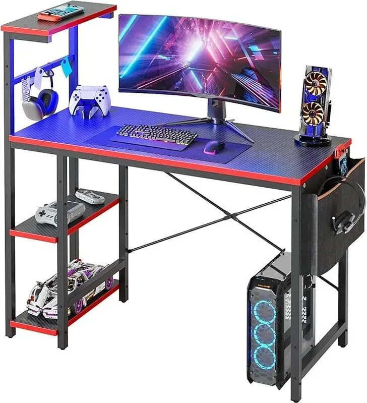 Bestier Kleiner Computertisch mit LED-Streifen, Tisch mit Regal, 113 x 50 cm Reversibler Tisch, Bürotisch mit Seitentaschen, für kleine Räume im Home Office