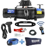 Husar Winch Elektrische Seilwinde 12V, 13500 lbs (6124 kg) mit Synthetikseil 26m, drahtlose Fernsteuerung, 3-stufiges Planetengetriebe - für Abschleppwagen, Geländewagen, 4x4 Fahrzeuge