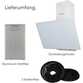 Wiggo Dunstabzugshaube 60cm kopffrei I Abluft Umluft Dunstabzug 300m3/h - LED Touch-Display 3 Stufen I Schräghaube inkl. Fettfilter & 2 x Kohlefilter I Abzugshaube mit Glasfront weiß