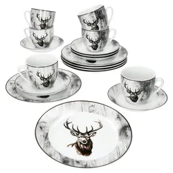 18tlg Kaffeeservice Alois Porzellan 6 Personen Tassen Untertassen Teller Hirsch