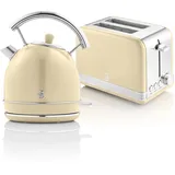 Swan Retro Set Frühstückswasserkocher 1,8L Kabelloser Wasserkocher mit Edelstahl-Heizelement, 2 Scheiben Breitschlitz-Brottoaster, 6-Stufiger Toastregler, Vintage Creme