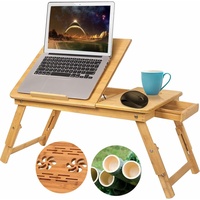 Laptoptisch aus Bambus, Höhenverstellbar Laptopständer, Klappbar Notebooktisch mit kleine Schublade, 5 Neigungswinkel Verstellbar Laptop Tisch für Bett, Frühstückstablett, 55x35cm