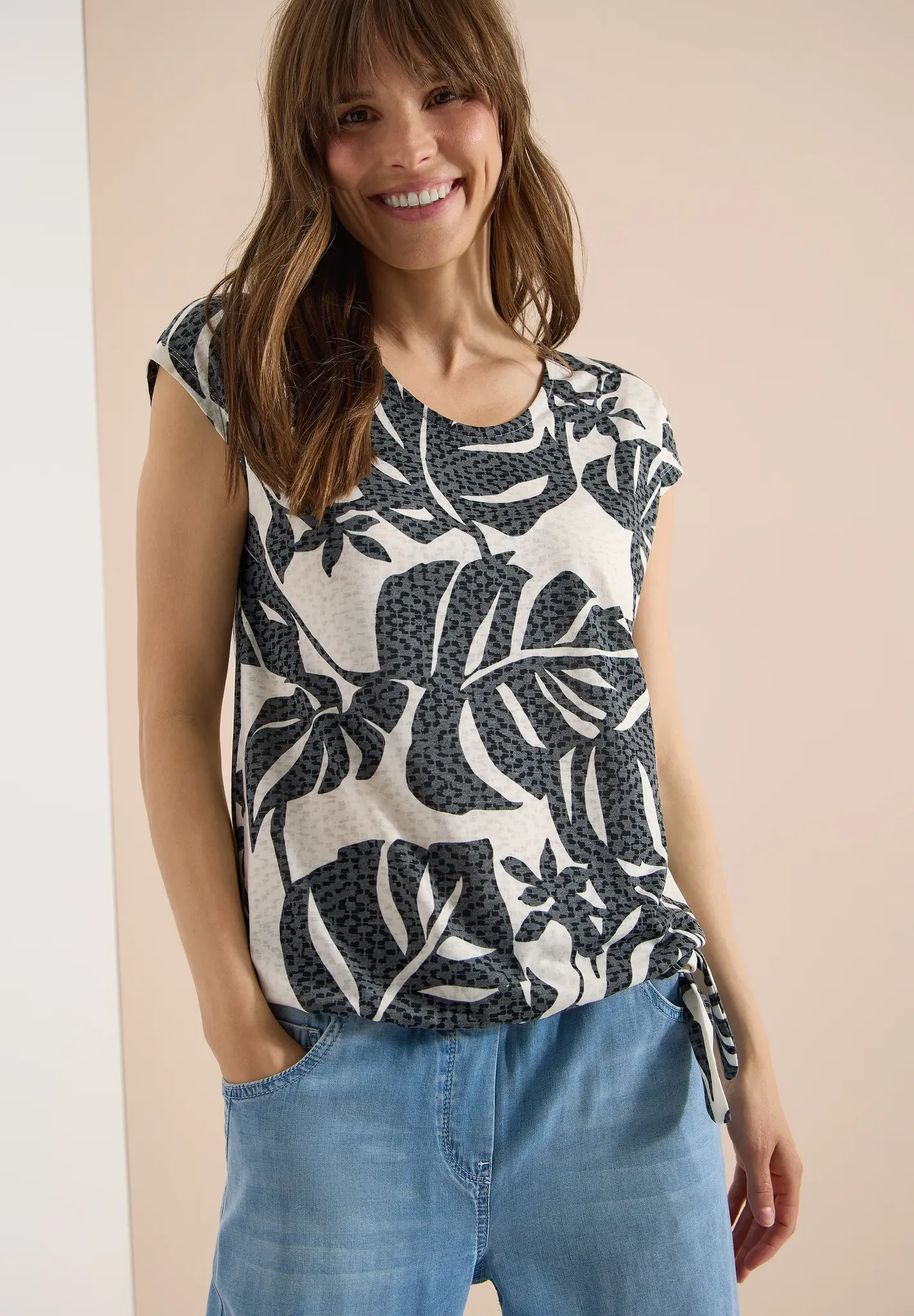 Blusenshirt CECIL, Damen, Gr. S (38), palm breeze grün, Stoff, 65% Polyester, 35% Viskose, geblümt, normal normal, V-Ausschnitt, abgesteppt, Shirts Blusenshirt, Elastiksaum mit Knotendetail