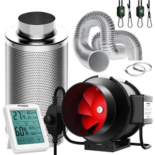 VIVOSUN Lüftungsset 150mm Rohrventilator 663m3/h mit Drehzahlregler 150mm Aktivkohlefilter 240cm Luftkanal Temperatur-Luftfeuchtigkeitsmesser für Growzelte und Hydroponik