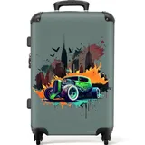 NoBoringSuitcases.com© Kinderkoffer mit leuchtende Räder - Auto - New York - Graffiti - Grün - Hot Rod 67, 4 Rollen, Reisekoffer mit Rollen Mittelgroßer für 20kg, Jungenkoffer bunt|grau 43 cm x 67 cm x 25 cm