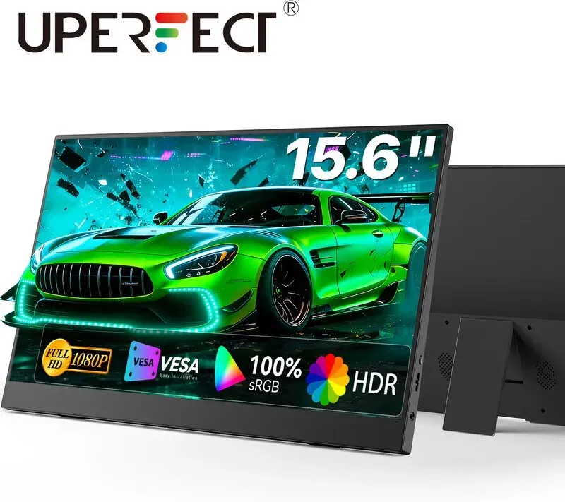 UPERFECT tragbarer Laptop-Monitor 15,6‐Zoll, 100% sRGB, mit integriertem verstellbarem Stand und integriertem Lautsprecher, VESA, HDTV, USB-C, Plug & Play, Zweitbildschirm für Smartphone und Spielekonsole