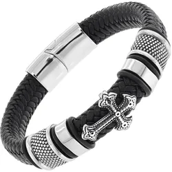 trendor 75878 Leder-Armband für Männer Schwarz mit Stahl Kreuz