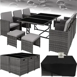 Tectake tectake® Rattan Sitzgruppe, für 6 bis 10 Personen, UV-beständig, zusammenschiebbar, inklusive Schutzhülle