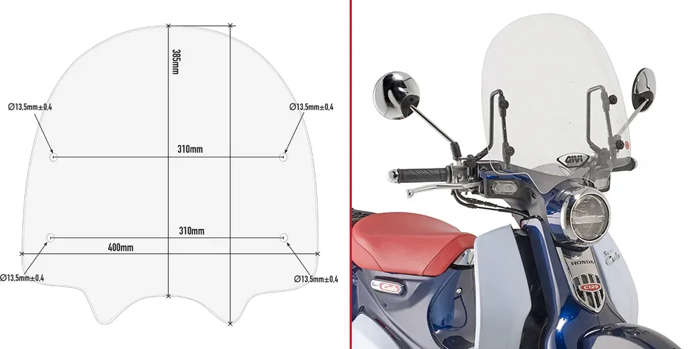 GIVI voorruit transparant, 385mm hoog, 400mm breed voor Honda Super Cub C125 (18-22), ABE 38665 Voorruit