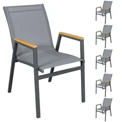 Raburg Gartenstuhl 6er-Set, stapelbar, Aluminium in Anthrazit, Textilene Grau, Armlehnen in Holzoptik, Natur, wetterfest, pflegeleicht, Texas, SenS-Line