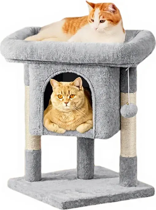 Yaheetech 60 cm Katzenbaum mit Sisalstämme, Plüschhöhle, starker Kletterturm, hellgrau