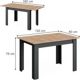 Vicco Esstisch Repose, Anthrazit/Goldkraft Eiche, 160 x 80 cm ausziehbar,