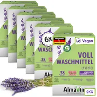 AlmaWin® Vollwaschmittel Pulver [6x 2kg - 228 Ladungen] mit Lavendel-Duft für strahlende Reinheit - Waschmittel Pulver für alle weißen & farbechten Textilien [30-95°C] - Veganes Voll-Waschpulver