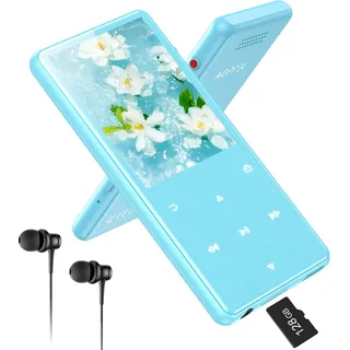 AGPTEK 128 GB MP3 Player mit Bluetooth 5.4, 2,4 Zoll Musik-Player mit One-Click-Aufnahme, eingebautem Lautsprecher und FM-Radio, Tragbarer Metall-Player mit Touch-Tasten, Blau