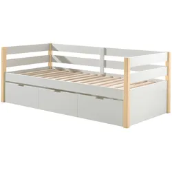 Kojen Bett Margrit mit Umrandung u. Rolllattenrost, Liegefläche 90 x 200, inkl. Bettschublade auf Rollen, Ausf. Weiß lackiert, Bettpfosten Kiefer natur lackiert