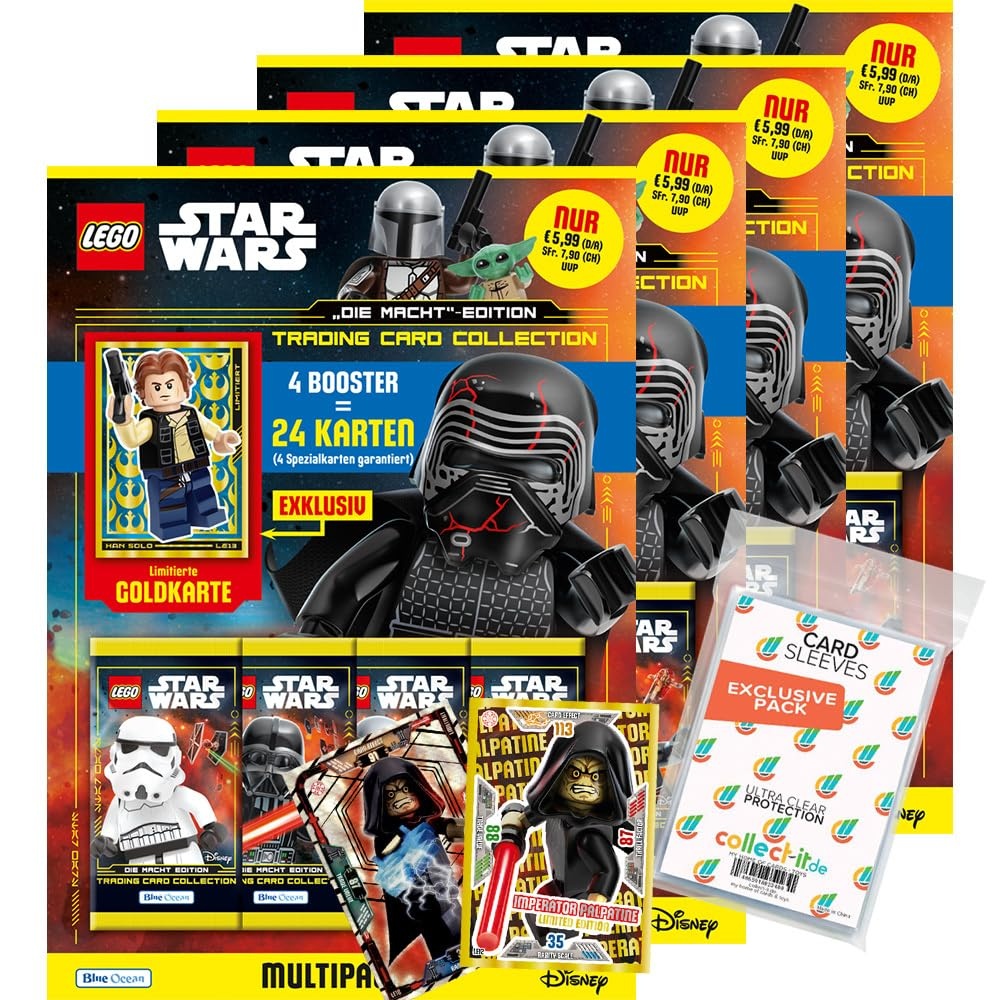 Bundle mit Blue Ocean Lego Star Wars - Serie 4 Trading Cards - 1 Multipack (zufällige Auswahl) + 2 Limitierte Star Wars Karten + Exklusive Collect-it Hüllen