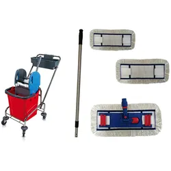 CleanSV Wischset chrom Laschenmop 40 cm, Ablage, Reinigungswagen 1 x 18 Liter Eimer, Presse, Deichsel, Putzwagen, Bodenwischer