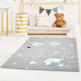 carpet city Kinderteppich Grau - 80x150 cm - Weltall, Rakete, Planet, Sterne - Teppich Kinderzimmer