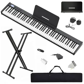 【Keyboard Piano Set mit Ständer】Longeye 88 Tasten E-Piano, Semi-Gewichtet, Kompakt und Tragbar, mit Tragetasche, Notenständer und Sustain-Pedal, Schwarz (Slim-88)