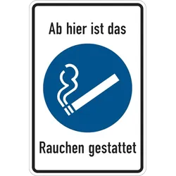 Gebotsschild, Kombischild, Ab hier ist das Rauchen gestattet - praxisbewährt - 200x300x0.45 mm Aluminium geprägt