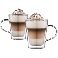 Ehugos Latte macchiato gläser, 300 ml Doppelwandige Gläser Set Kaffeeglas aus Borosilikatglas Teegläser mit Henkel, Cappuccinotassen für kalte und heiße Getränke-10.8 * 6.5cm