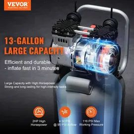 Vevor Luftkompressor 49L Flüsterkompressor 2HP Luftpumpe ölfrei 8bar Kompressor Einphasig Geräuschpegel ≤63dB Ideal zum Aufpumpen von Reifen Autoreparaturen Malerarbeiten Holzarbeiten