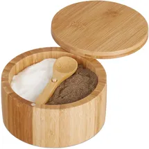 Relaxdays Salzbehälter mit Deckel & Löffel, 2 Fächer, Bambus, Gewürzbehälter, HxD 6,5 x 12,5 cm, Magnetverschluss, Natur