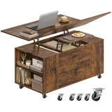 WOLTU Couchtisch höhenverstellbar, Wohnzimmertisch mit Rollen, Hebeplatte Schublade, offener und versteckter Stauraum, für Wohnzimmer Büro, Rustikales Braun