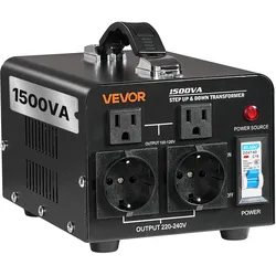 VEVOR Spannungswandler-Transformator, 1500VA, Aufwärts-/Abwärts-Leistungstransformator, Konvertierung von 110 V auf 220 V & von 220 V auf 110 V, mit US-& EU-Steckdosen, Netzkabel, Schutzschalter