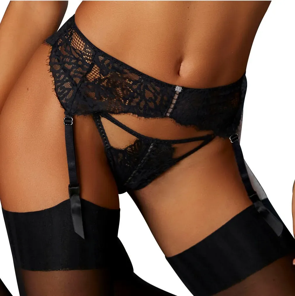Strapsgürtel JETTE, Damen, Gr. 32/34, schwarz, Spitze, Obermaterial: 90% Polyamid, 10% Elasthan, Strumpfhalter, aus transparenter Spitze, sexy Dessous, Reizwäsche