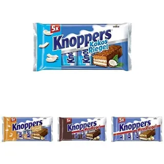 Knoppers Riegel – 4 Packungen á 200g (5 Riegel) – 1. Knoppers KokosRiegel, 2. Knoppers Erdnussriegel, 3. Knoppers NussRiegel Dark, 4. KnoppersNussRiegel