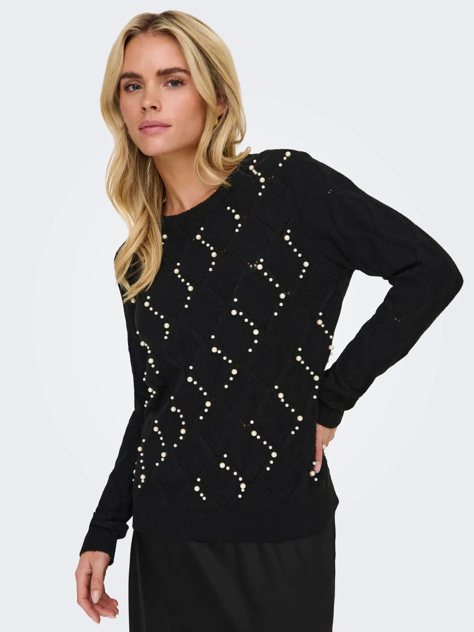 ONLY Rundhalspullover »ONLLIANA LIFE LS PEARL O-NECK CC KNT« ONLY Black Detail:WHITE PEARLS M (38)