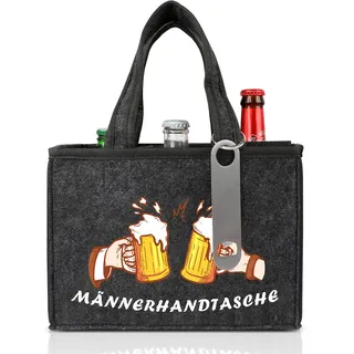 Ipow Männerhandtasche Bier Flaschentasche mit Flaschenöffner, Flaschenträger 6 Flaschen Kapazität, hochwertiges Filz, wunderbares Geschenk für Herren, Vater, Sohn, Freund, in Grau