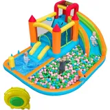 [Multifunktionale Hüpfburg für draußen] mit Gebläse, Wasserrutsche + Trampolin + Basketballkorb + Wasserspielzeug, 2 Poolbereiche, 1 große und 1 kleine Rutsche, für Trocken- und Nassnutzung, ein Wasserpark