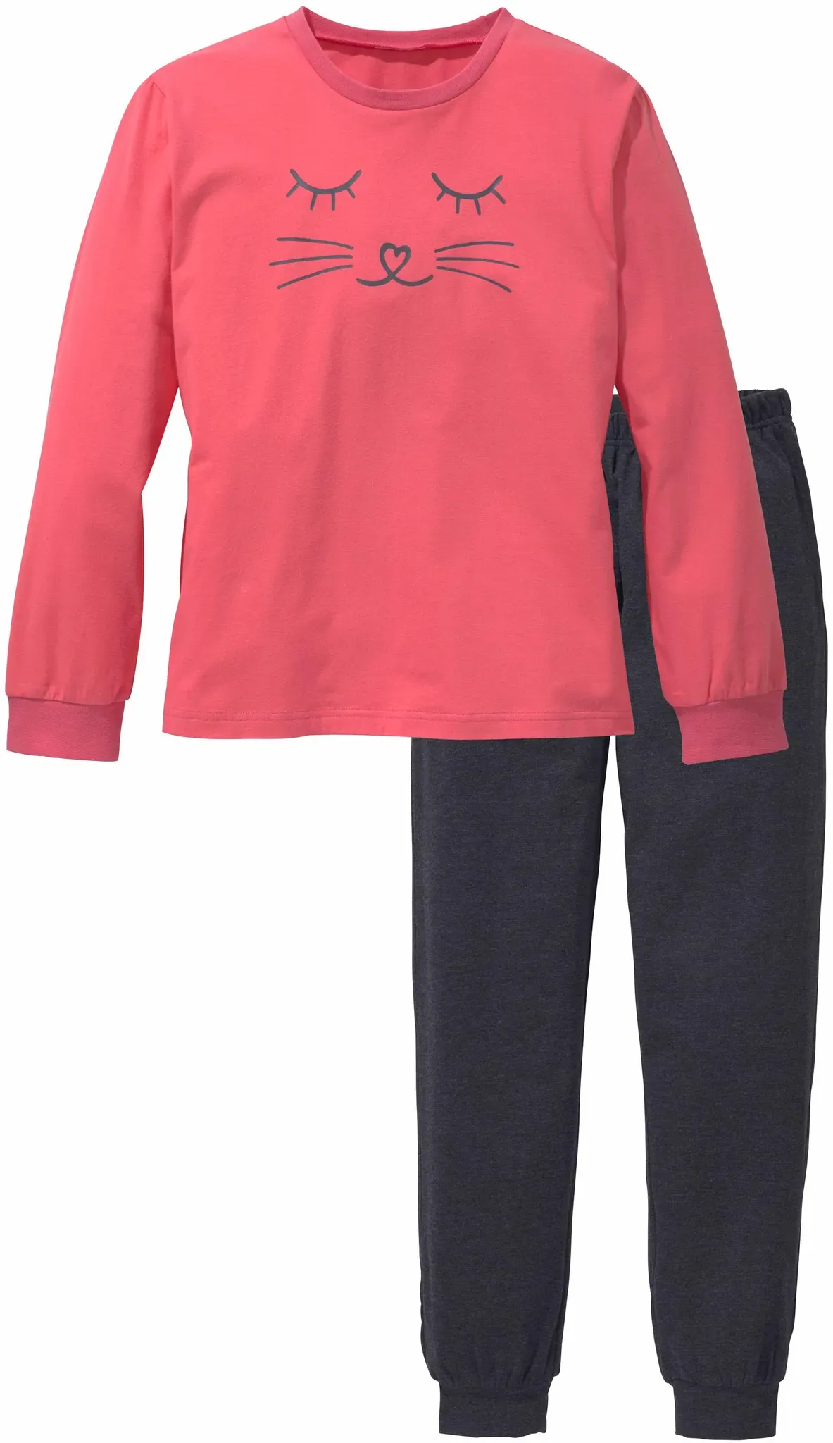 Pyjama VIVANCE, Mädchen, Gr. 122/128, schwarz (hummer, anthrazit, meliert), Jersey, Obermaterial: 100% Baumwolle, bedruckt, Basic, lässig geschnitten, Rundhals, angesetztes Bündchen, Homewear-Sets Pyjama, Schlafanzug in langer Form mit Cat Print