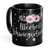 Tassendruck Schwarze Tasse mit Spruch für die allerbeste Schwiegertochter - Tasse bedruckt mit Spruch - Geschenk für Schwiegertochter, Geschenk Familie | Schwarze Fototasse, 300 ml