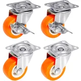 PRIOstahl Lenkrollen Möbelrollen Bremsrollen Schwerlastrollen Transportrollen - 4er SET: 2 Lenkrollen + 2 Lenkrollen mit Bremse 38mm Orange Rollen für Möbel Spurlos & Leise Premium Rollensatz