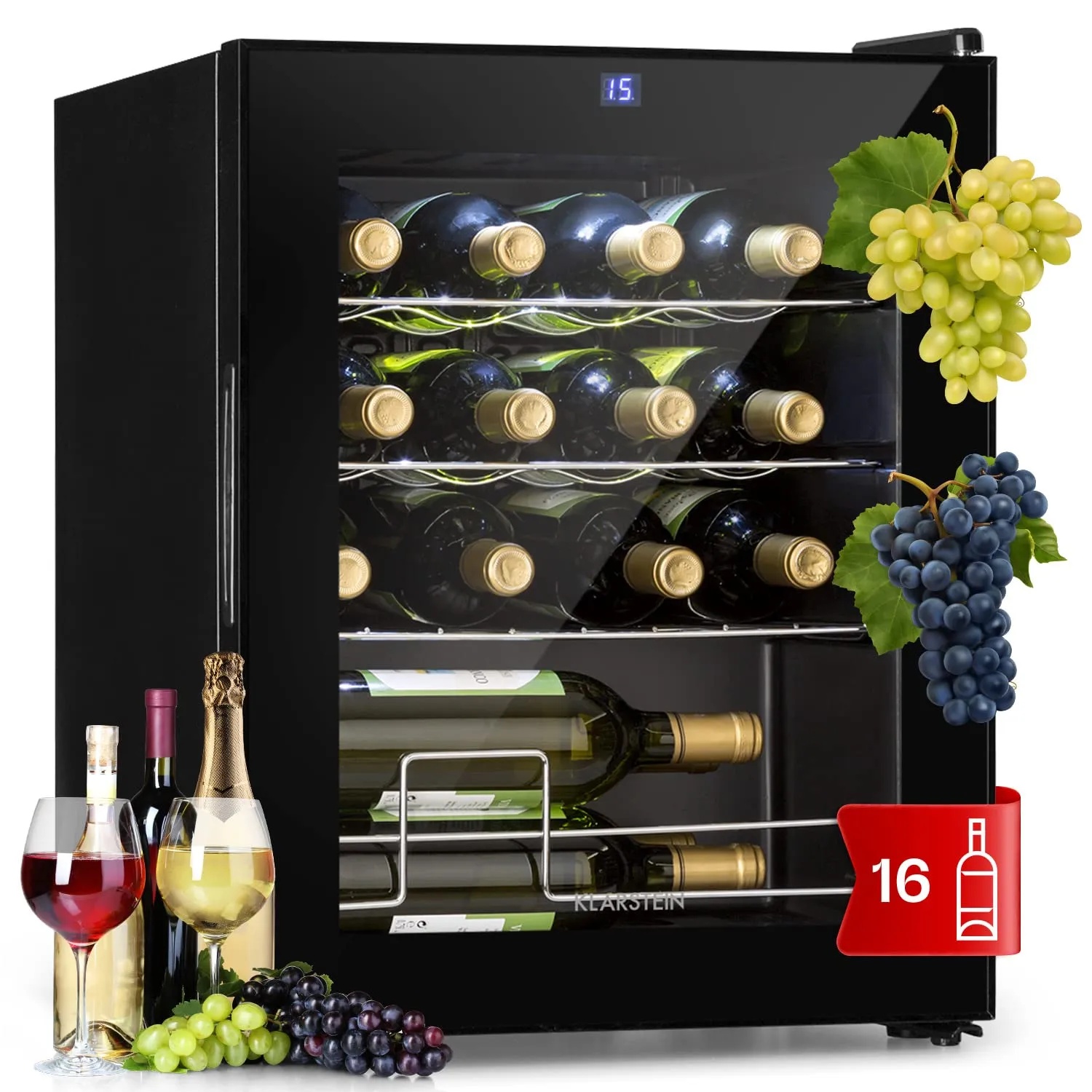 Klarstein Weinkühlschrank, 1 Zonen Getränkekühlschrank Klein, Kleiner Weinschrank 42L, Wein-Kühlschrank Klein mit Glastür, Indoor/Outdoor Flaschenkühlschrank, Wine Fridge 5-18°C, 16 Flaschen