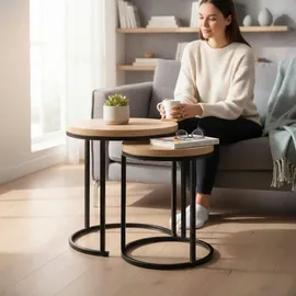 Haku-Möbel Beistelltisch 2er Set Eiche hell schwarz MDF Metall runder Couchtisch - holzfarben Ø Maße: H: 49 Ø: 45.0
