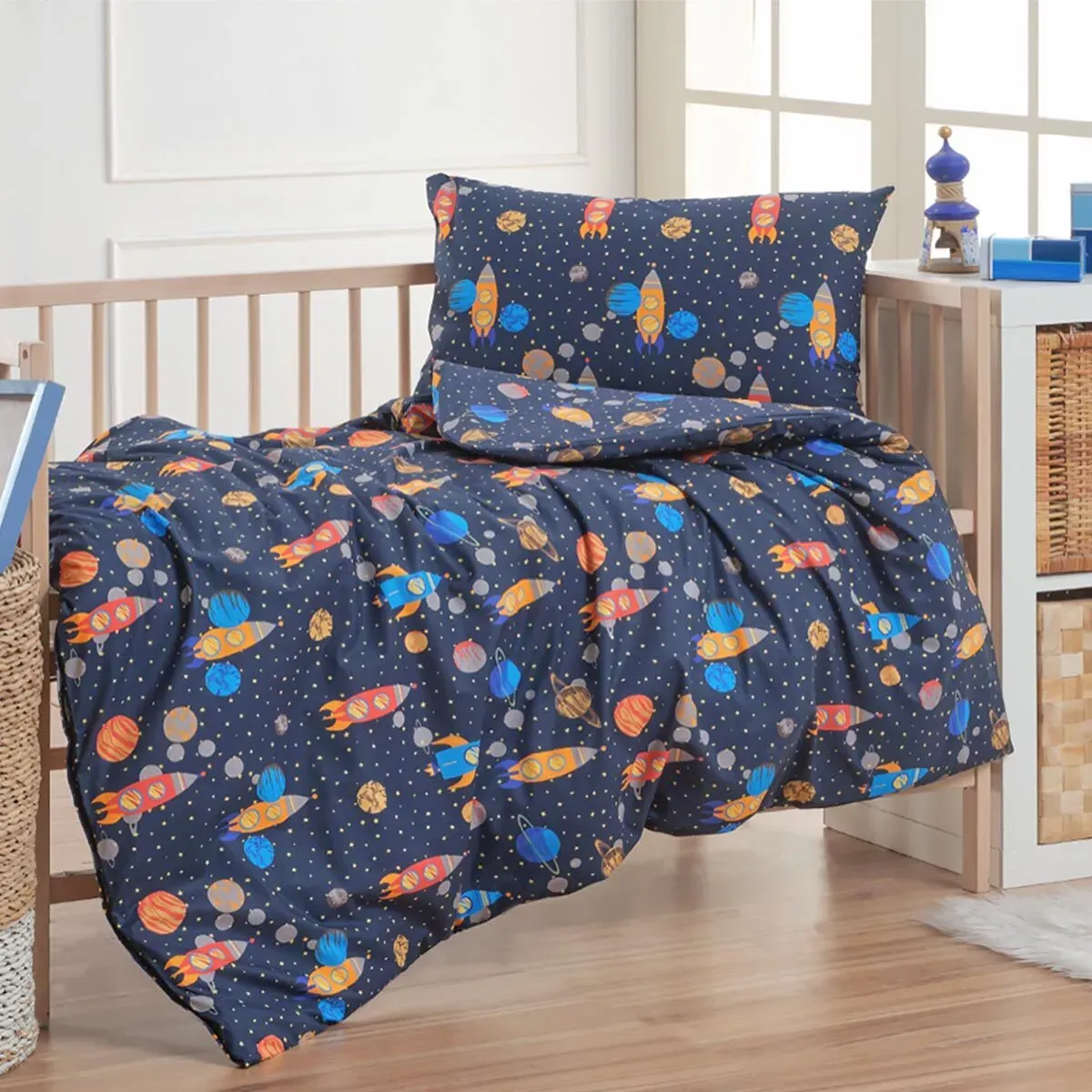 Traumschlaf Bettwäsche Rakete 100x135 cm + 40x60 cm - blau;orange