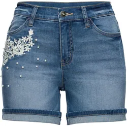 bonprix Jeansshorts Mid Waist mit Verzierung, blau, 34, mit Baumwolle