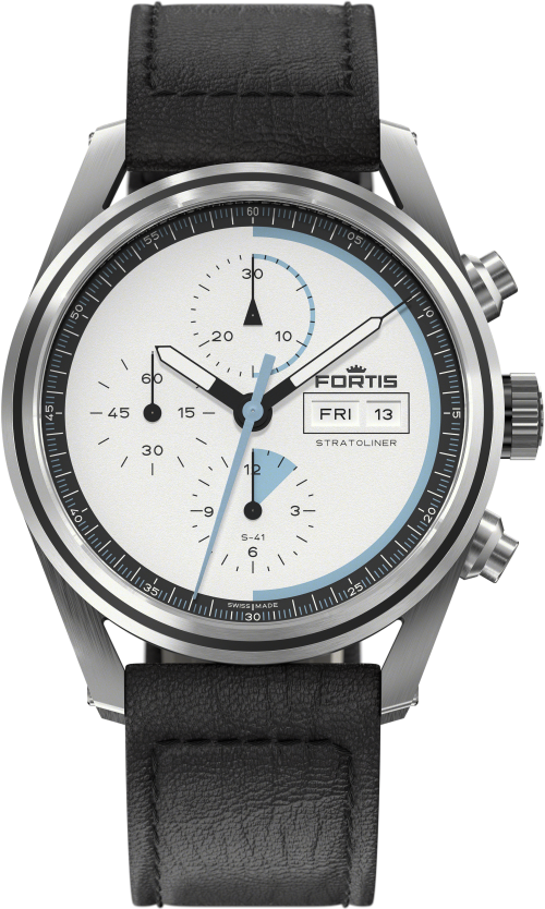 Fortis Stratoliner S-41 White Dust auf Aviator Strap" F2340014" - weiß, fein gekörnte Basis-Struktur,schwarz - 41mm