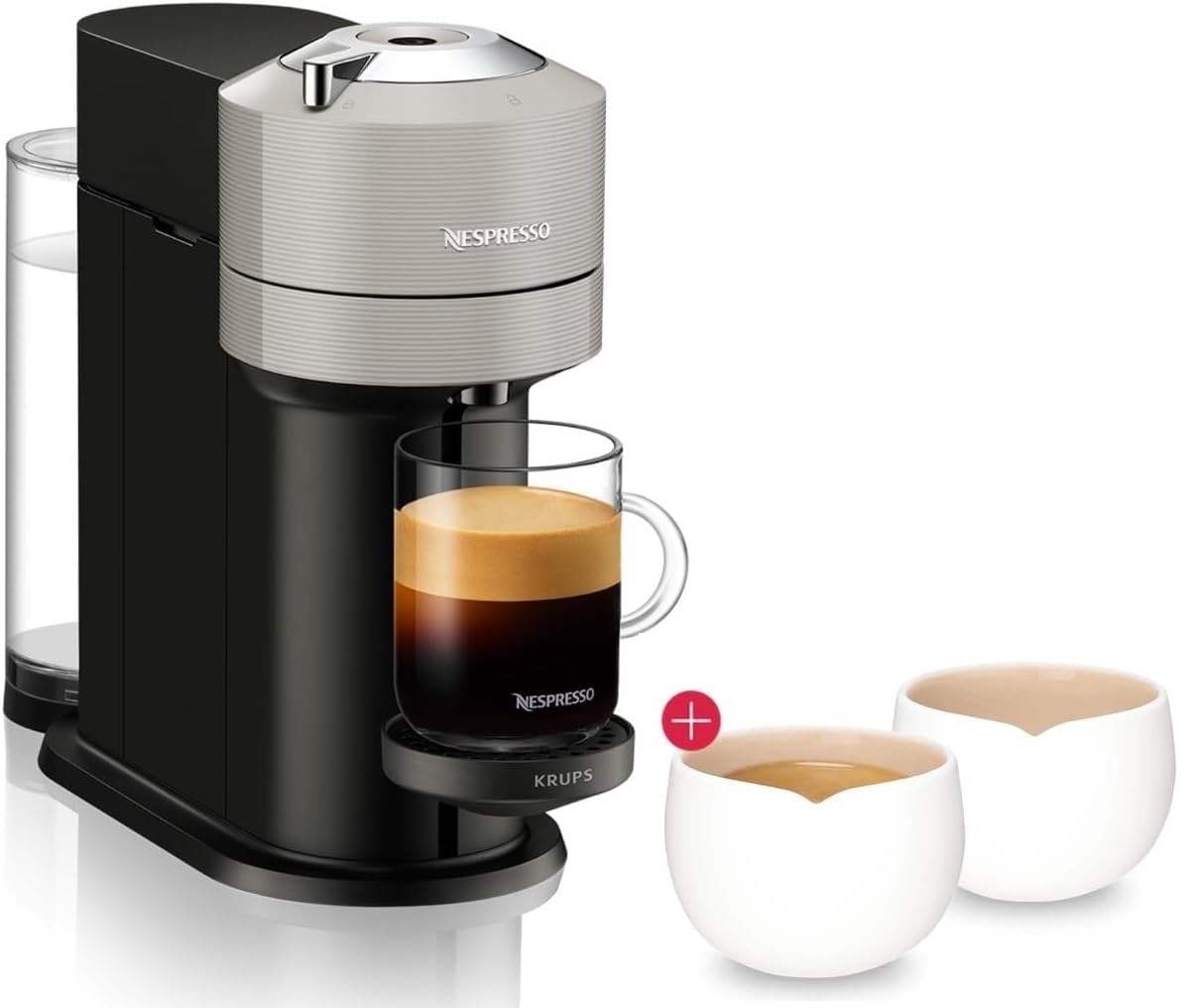 NESPRESSO Krups Next Light Grey Kaffeemaschine, Kaffeekapselmaschine + Origin Espresso Tassen (2 x 40 ml), Kaffee Kapselmaschine mit Automatische Abschaltung, Kurze Aufheizzeit, One-Touch-System