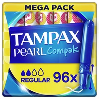 Tampax Compak Pearl – 96 Tampons mit Applikator, regulär, leichter bis mittlerer Fluss – dreifacher Komfort, weicher Stoff, öko-Tex zertifiziert, dermatologisch getestet